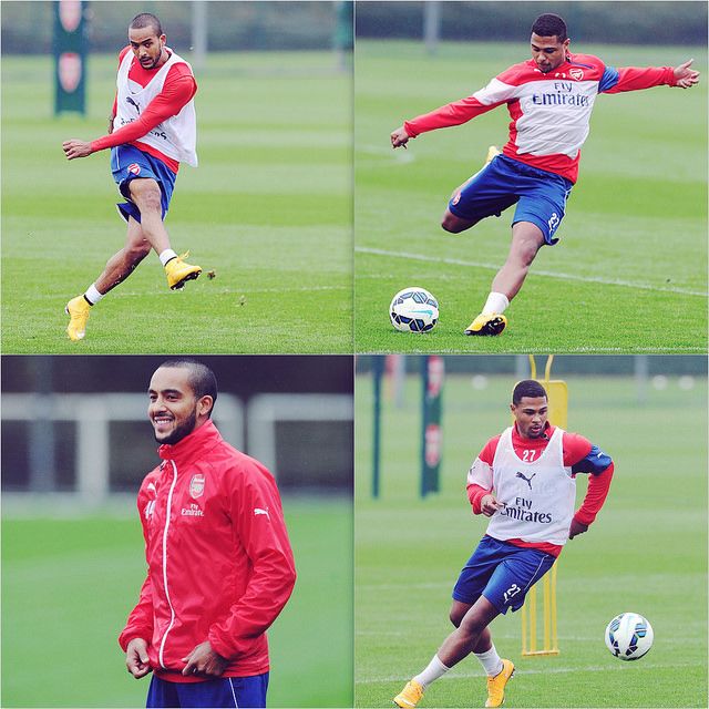 Theo Walcott dan Serge Gnabry terlihat bugar saat melakukan latihan, 13 Oktober 2014. (Aries Arsenal/Flickr)